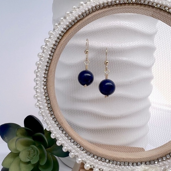 ARTISAN Blue Lapis Gold Wire Wrap Drop Earrings - Picture 6 of 14